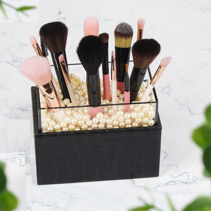 Leather Makeup Brush Cosmetic Organiser Storage Box with Pink Pearls and Acrylic Cover (Black)