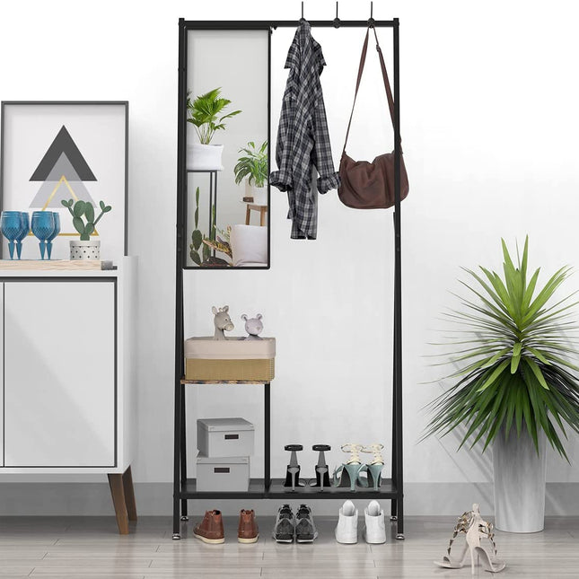 Multifunctional 5 In 1 Coat rack Entryway Hall Tree with Shoe Storage and Dressing Mirror (Black, 190 x 81 cm)