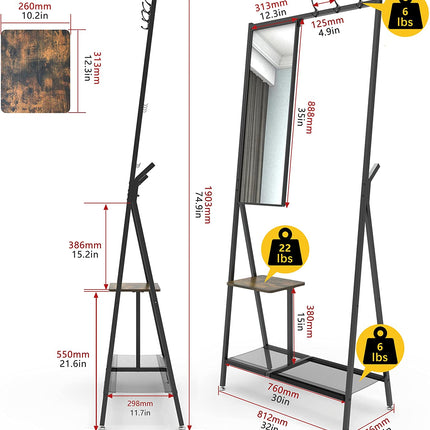 Multifunctional 5 In 1 Coat rack Entryway Hall Tree with Shoe Storage and Dressing Mirror (Black, 190 x 81 cm)