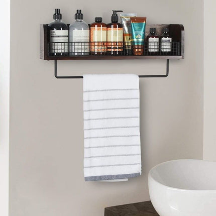 Wall Mount Rustic Wood & Black Metal Bathroom Shelf with Towel Bar