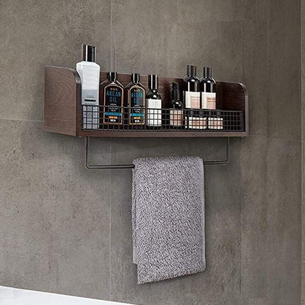 Wall Mount Rustic Wood & Black Metal Bathroom Shelf with Towel Bar