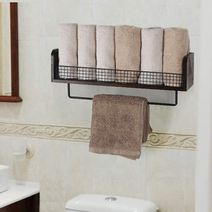 Wall Mount Rustic Wood & Black Metal Bathroom Shelf with Towel Bar
