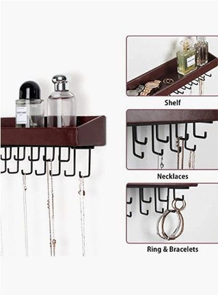 Wall Mount Hanging Jewellery Organiser Holder with 23 Hooks (Brown)