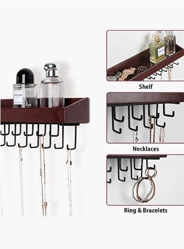 Wall Mount Hanging Jewellery Organiser Holder with 23 Hooks (Brown)