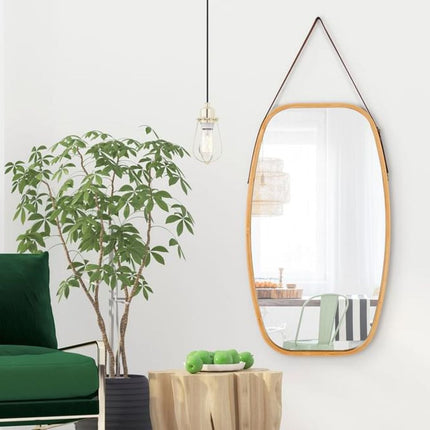 Hanging Full Length Wall Mirror - Solid Bamboo Frame and Adjustable Leather Strap for Bathroom and Bedroom