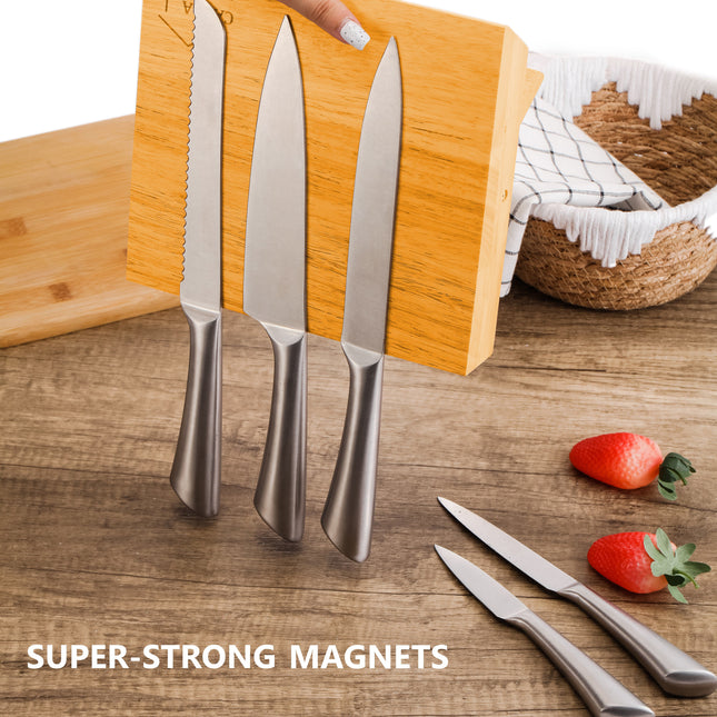 Natural Bamboo Magnetic Knife Block Holder with Strong Magnets for Home Kitchen Storage & Organisation