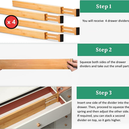 4 Pack Bamboo Adjustable Kitchen Drawer Dividers (Large, 44-55 cm)