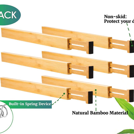 6 Pack Bamboo Adjustable Kitchen Drawer Dividers (Large, 44-55 cm)
