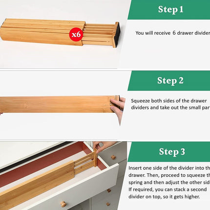 6 Pack Bamboo Adjustable Kitchen Drawer Dividers (Large, 44-55 cm)
