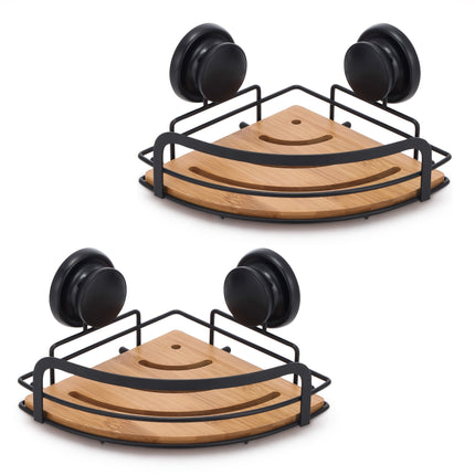 2 Pack Round Bamboo Corner Shower Caddy Shelf Basket Rack with Premium Vacuum Suction Cup No-Drilling for Bathroom and Kitchen