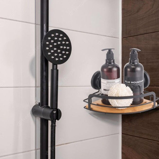 2 Pack Round Bamboo Corner Shower Caddy Shelf Basket Rack with Premium Vacuum Suction Cup No-Drilling for Bathroom and Kitchen