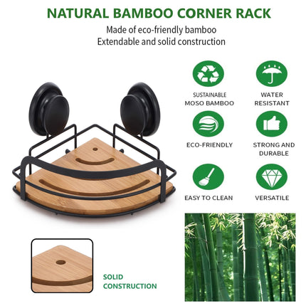 2 Pack Round Bamboo Corner Shower Caddy Shelf Basket Rack with Premium Vacuum Suction Cup No-Drilling for Bathroom and Kitchen
