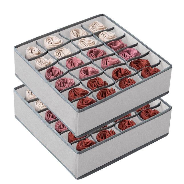 Set of 2 Fabric Drawer Organizer Divider Storage Boxes for Storing Socks, Underwear, Ties, Scarves (Grey)