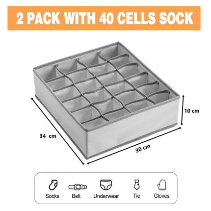 Set of 2 Fabric Drawer Organizer Divider Storage Boxes for Storing Socks, Underwear, Ties, Scarves (Grey)