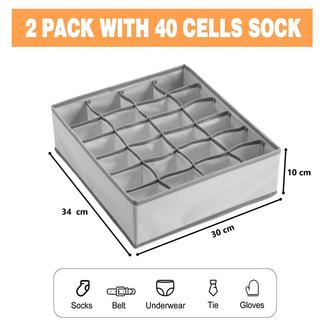 Set of 2 Fabric Drawer Organizer Divider Storage Boxes for Storing Socks, Underwear, Ties, Scarves (Grey)