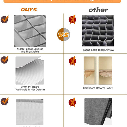 Set of 2 Fabric Drawer Organizer Divider Storage Boxes for Storing Socks, Underwear, Ties, Scarves (Grey)