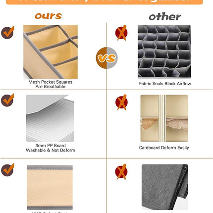 Set of 2 Fabric Drawer Organizer Divider Storage Boxes for Storing Socks, Underwear, Ties, Scarves (Beige)