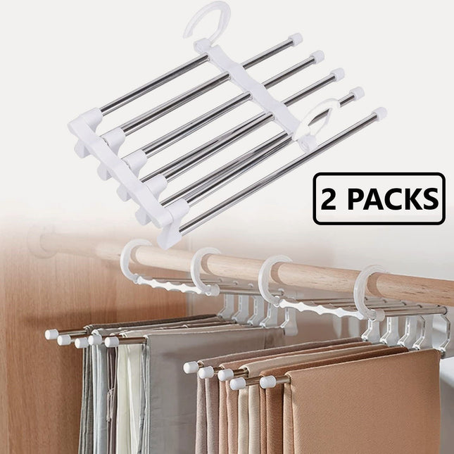2 Pack Stainless Steel Adjustable 5 in 1 Pants Hangers Non-Slip Space Saving for Home Storage