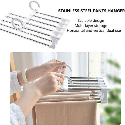 2 Pack Stainless Steel Adjustable 5 in 1 Pants Hangers Non-Slip Space Saving for Home Storage