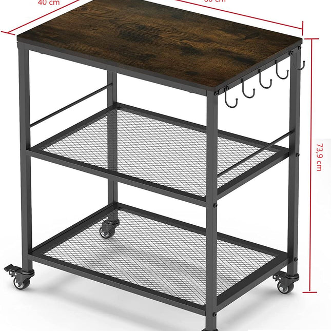 3-Tier Vintage Kitchen Serving Cart on Wheels and Wine Rack (Brown)