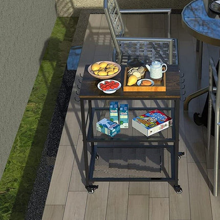 3-Tier Vintage Kitchen Serving Cart on Wheels and Wine Rack (Brown)