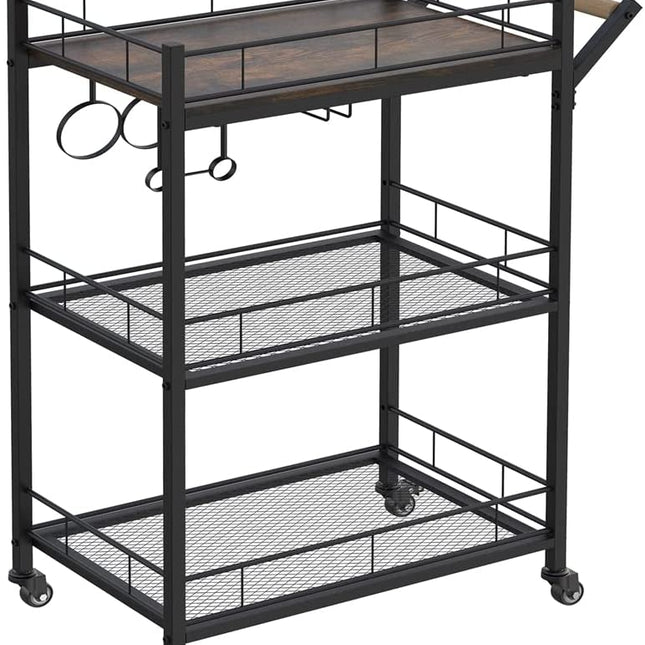 3-Tier Vintage Kitchen Serving Cart on Wheels and Wine Rack (Brown)
