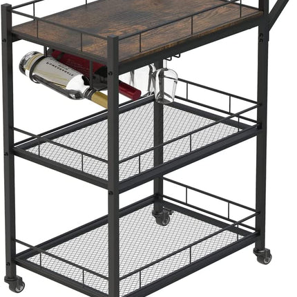 3-Tier Vintage Kitchen Serving Cart on Wheels and Wine Rack (Brown)