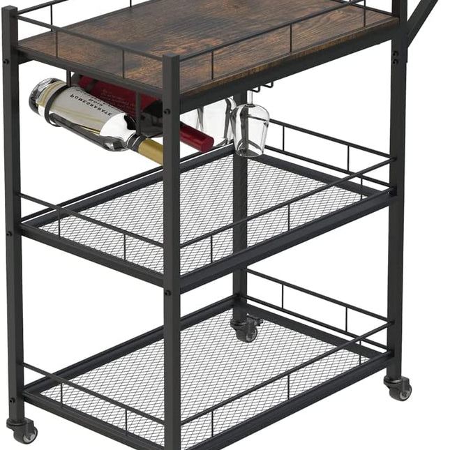 3-Tier Vintage Kitchen Serving Cart on Wheels and Wine Rack (Brown)