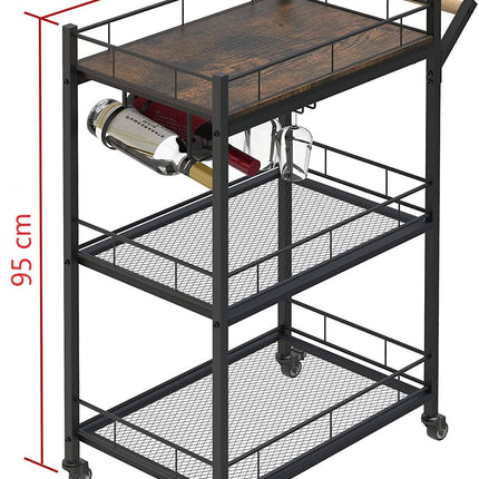 3-Tier Vintage Kitchen Serving Cart on Wheels and Wine Rack (Brown)