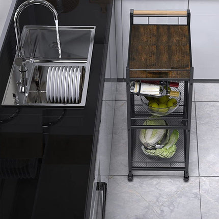 3-Tier Vintage Kitchen Serving Cart on Wheels and Wine Rack (Brown)