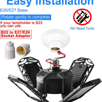 120W Ultra Bright Garage LED Deformable Ceiling Light with Adjustable Multi-Position Panels for Garage (12000LM - 6500K E26/E27)
