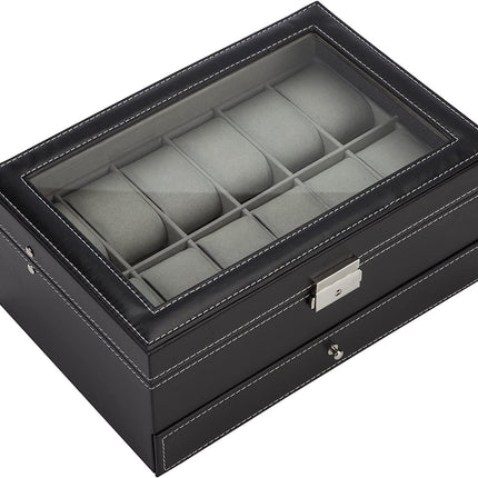 Black Leather Watch Box Jewelry Display Case with Drawers (12 Slots with 2 Layers)