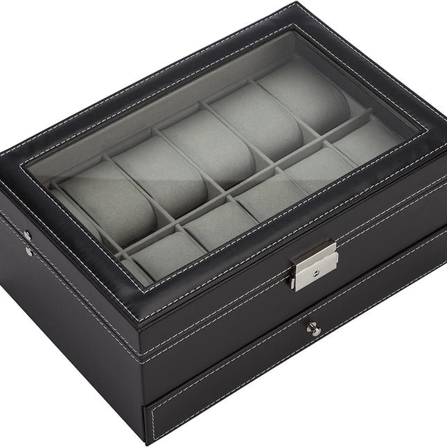Black Leather Watch Box Jewelry Display Case with Drawers (12 Slots with 2 Layers)