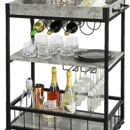 Industrial Vintage Style Wood Metal 3 Tiers Kitchen Serving Trolley with Wine Rack (Grey)