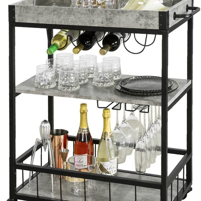 Industrial Vintage Style Wood Metal 3 Tiers Kitchen Serving Trolley with Wine Rack (Grey)