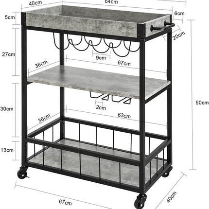 Industrial Vintage Style Wood Metal 3 Tiers Kitchen Serving Trolley with Wine Rack (Grey)