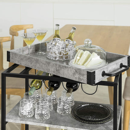 Industrial Vintage Style Wood Metal 3 Tiers Kitchen Serving Trolley with Wine Rack (Grey)