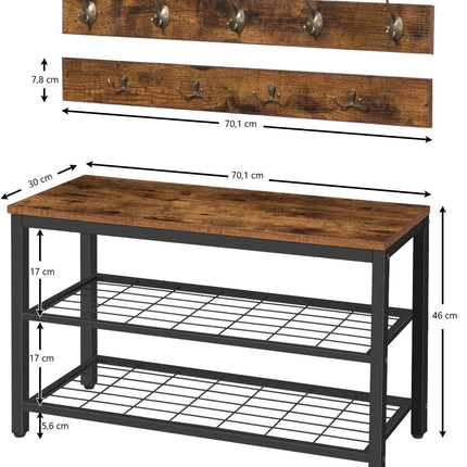 Industrial Design Entryway Shoe Rack with Coat Hooks Organizer (Brown)