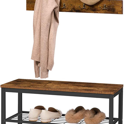 Industrial Design Entryway Shoe Rack with Coat Hooks Organizer (Brown)