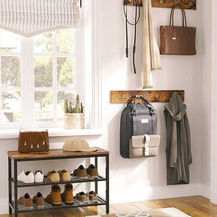 Industrial Design Entryway Shoe Rack with Coat Hooks Organizer (Brown)
