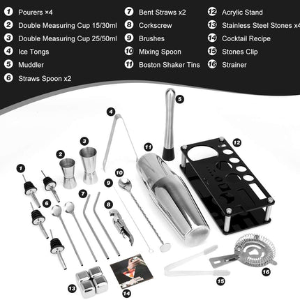 Cocktail Shaker Set Boston 23-Piece Stainless Steel and Professional Bar Tools for Drink Mixing