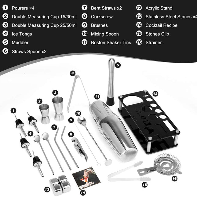 Cocktail Shaker Set Boston 23-Piece Stainless Steel and Professional Bar Tools for Drink Mixing