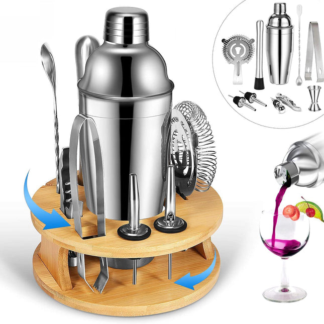 Cocktail Shaker Set Bartender Kit with Rotating Bamboo and 10-Piece Stainless Steel Bar Tool Set