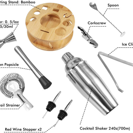 Cocktail Shaker Set Bartender Kit with Rotating Bamboo and 10-Piece Stainless Steel Bar Tool Set