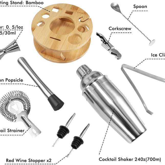 Cocktail Shaker Set Bartender Kit with Rotating Bamboo and 10-Piece Stainless Steel Bar Tool Set