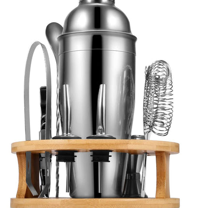Cocktail Shaker Set Bartender Kit with Rotating Bamboo and 10-Piece Stainless Steel Bar Tool Set