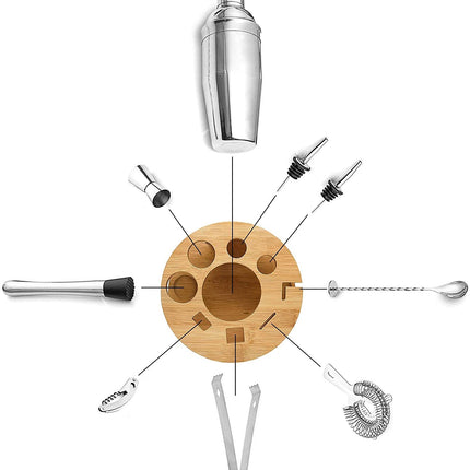 Cocktail Shaker Set Bartender Kit with Rotating Bamboo and 10-Piece Stainless Steel Bar Tool Set
