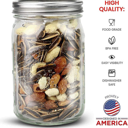 12 Pieces Canning Jars - 480ml Mason Jar Empty Glass Spice Bottles with Airtight Lids and Labels