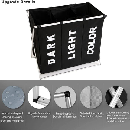 3 in 1 Large 135L Laundry Clothes Hamper Basket with Waterproof bags and Aluminum Frame (Black)