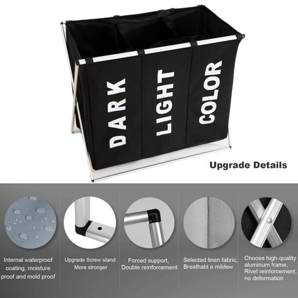 3 in 1 Large 135L Laundry Clothes Hamper Basket with Waterproof bags and Aluminum Frame (Black)